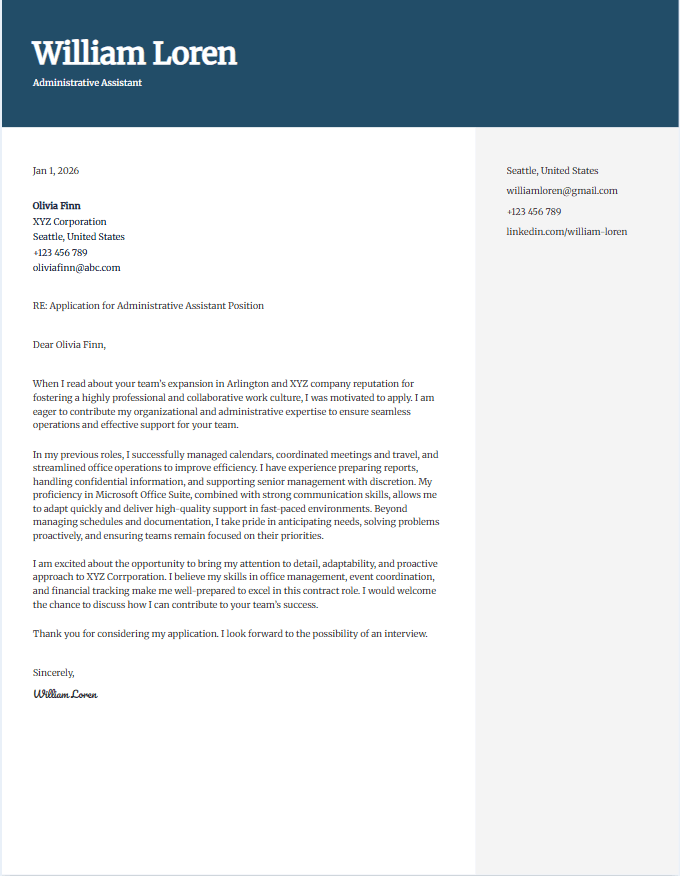 Cover letter example for administrative assistant