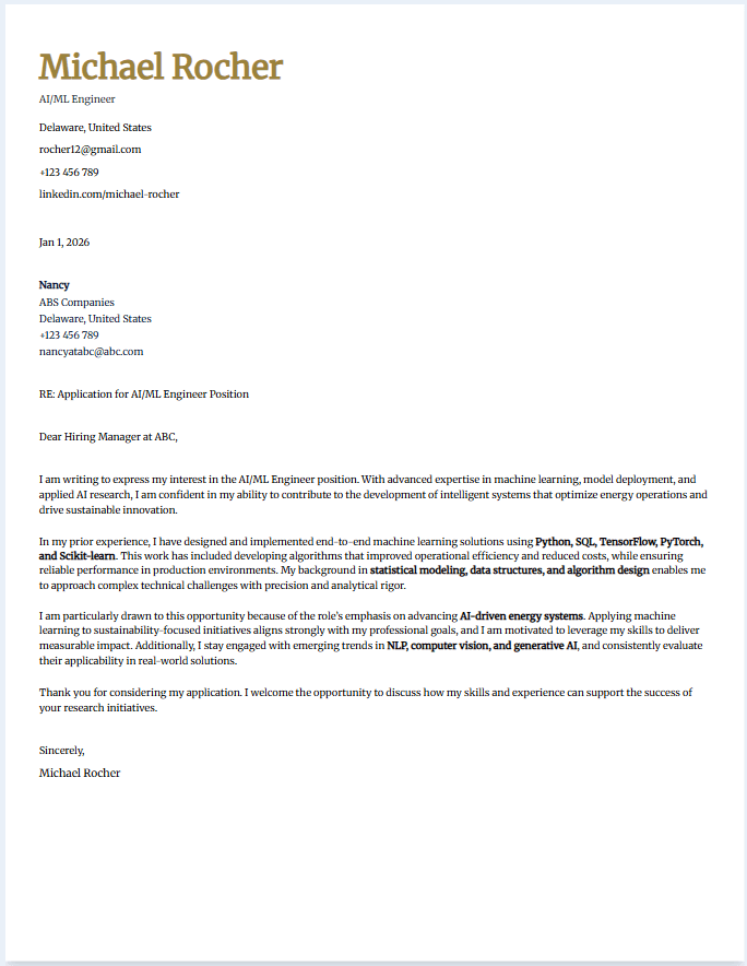 Sample cover letter for AI/ML engineer