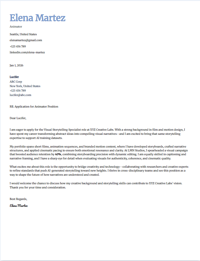 Sample cover letter for animator