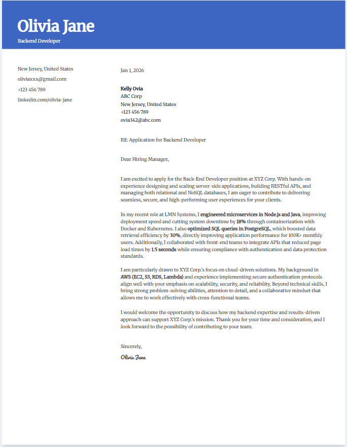 Cover letter example for backend developer