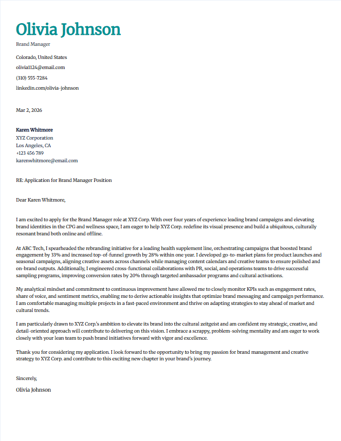 Sample cover letter for brand manager