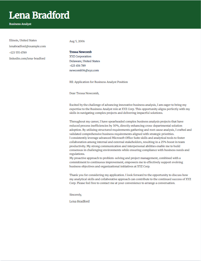 Cover letter example for business analyst