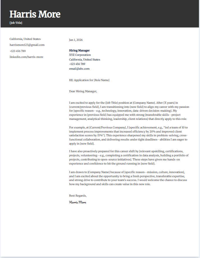 Cover letter template for career change