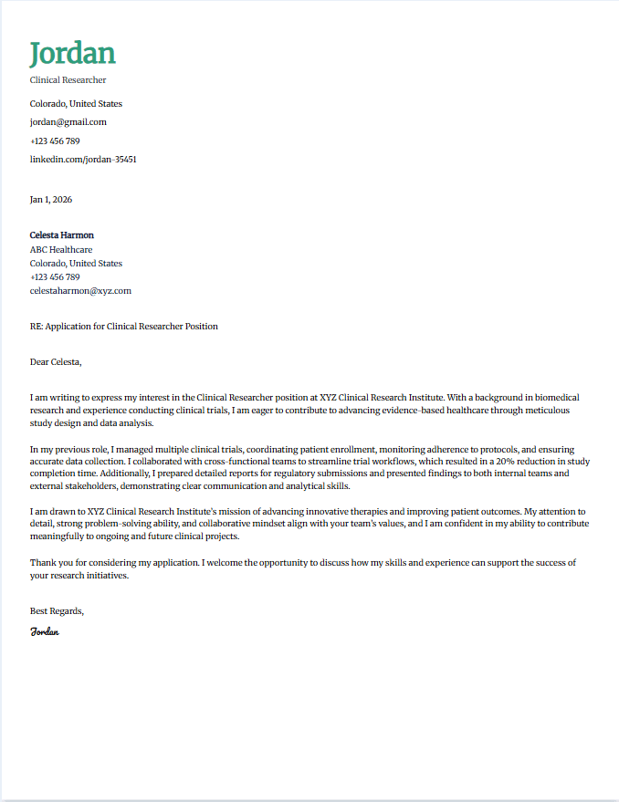 Cover letter example for clinical researcher