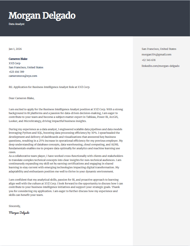 Cover letter example for data analyst