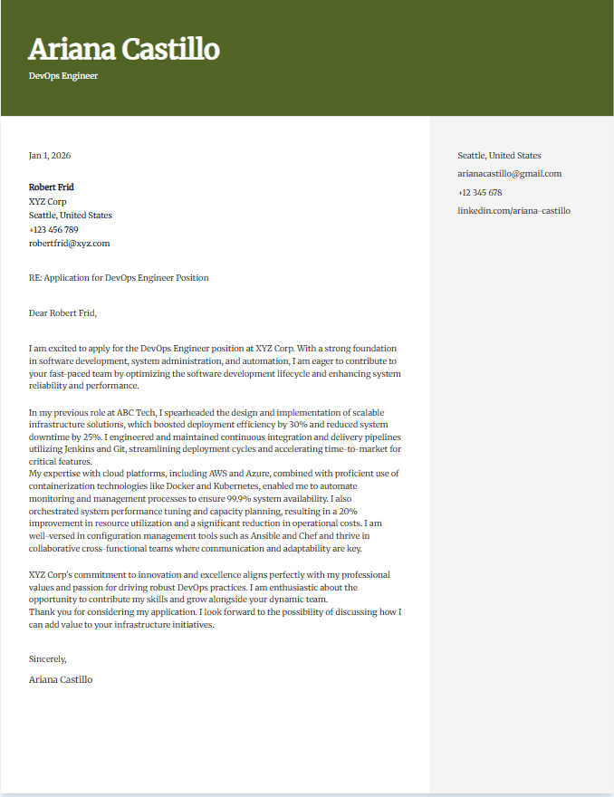 Sample cover letter for DevOps engineer