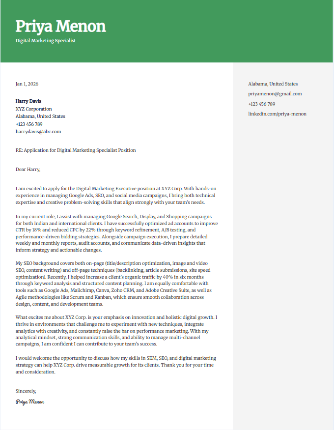 Sample cover letter for digital marketing specialist