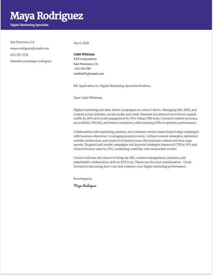 Cover letter example for digital marketing specialist