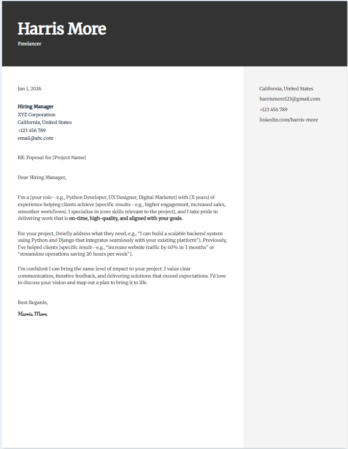Cover letter template for freelancer