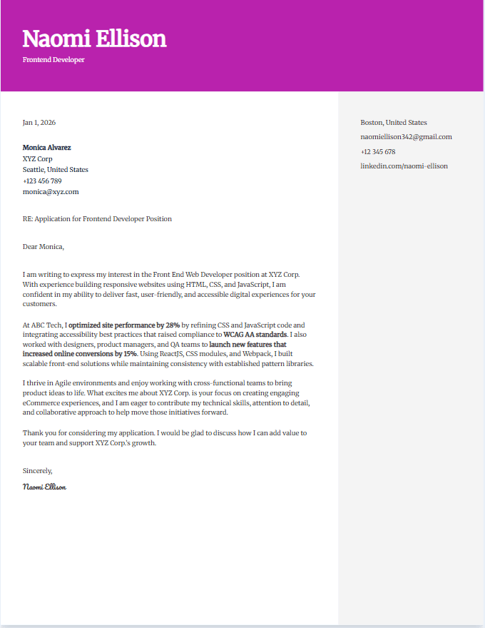 Cover letter example for frontend developer