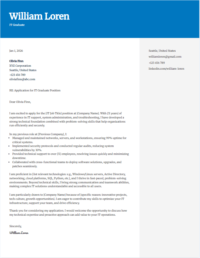 Sample cover letter template for information technology