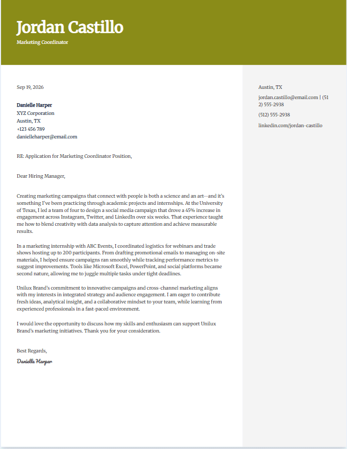 Sample cover letter for marketing coordinator entry level