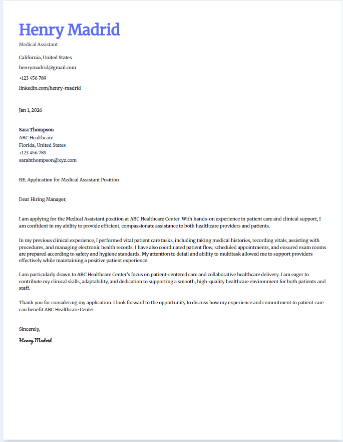 Sample cover letter for medical assistant
