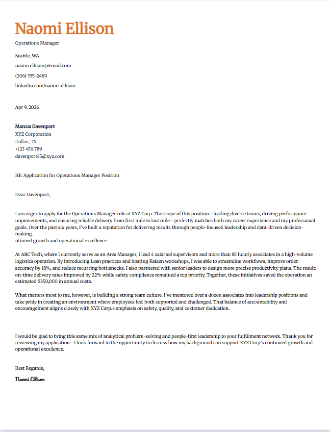 Sample cover letter for operations manager