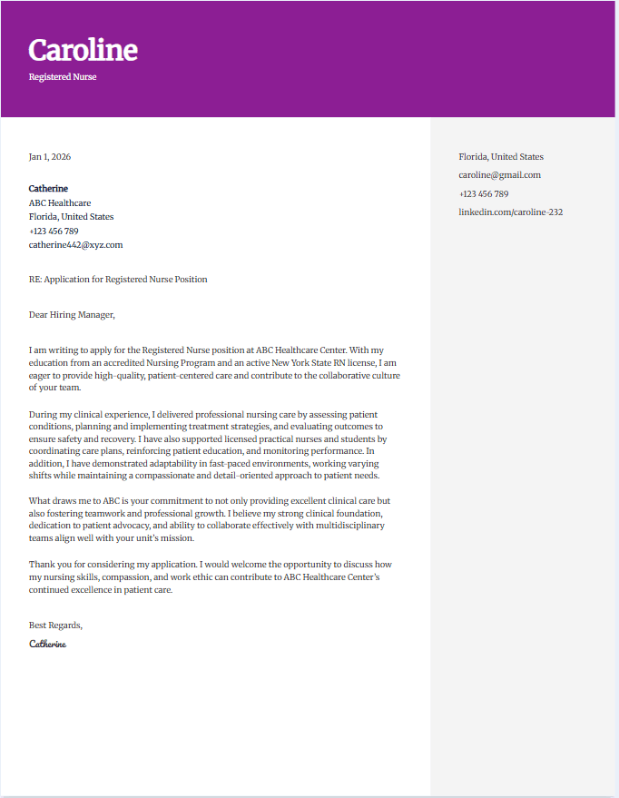 Cover letter example for registered nurse