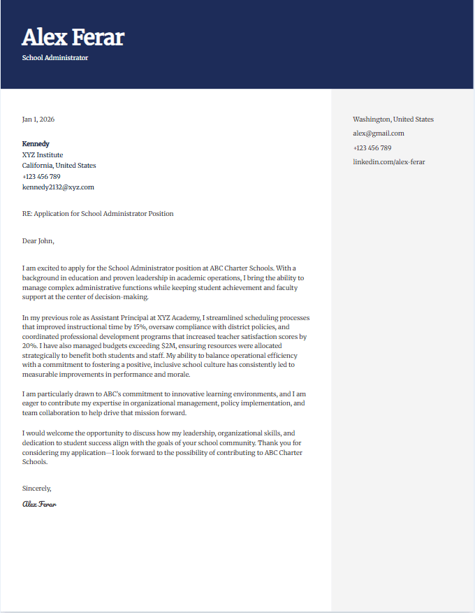 Cover letter example for school administrator