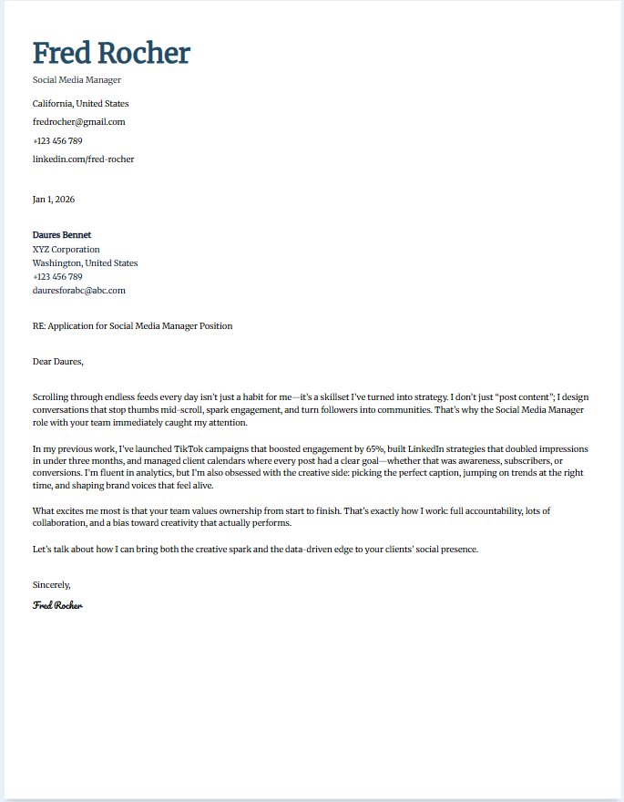 Cover letter example for social media manager