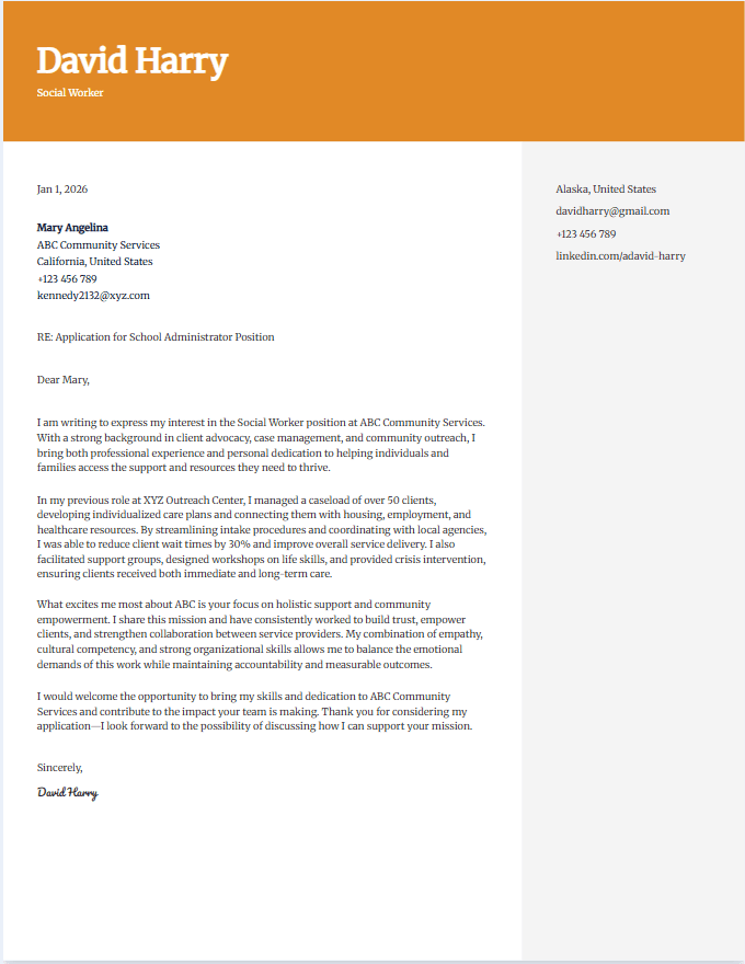 Sample cover letter for social worker