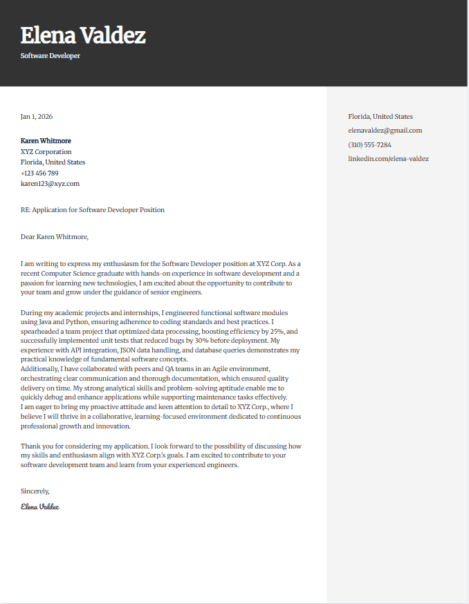 Cover letter example for software developer