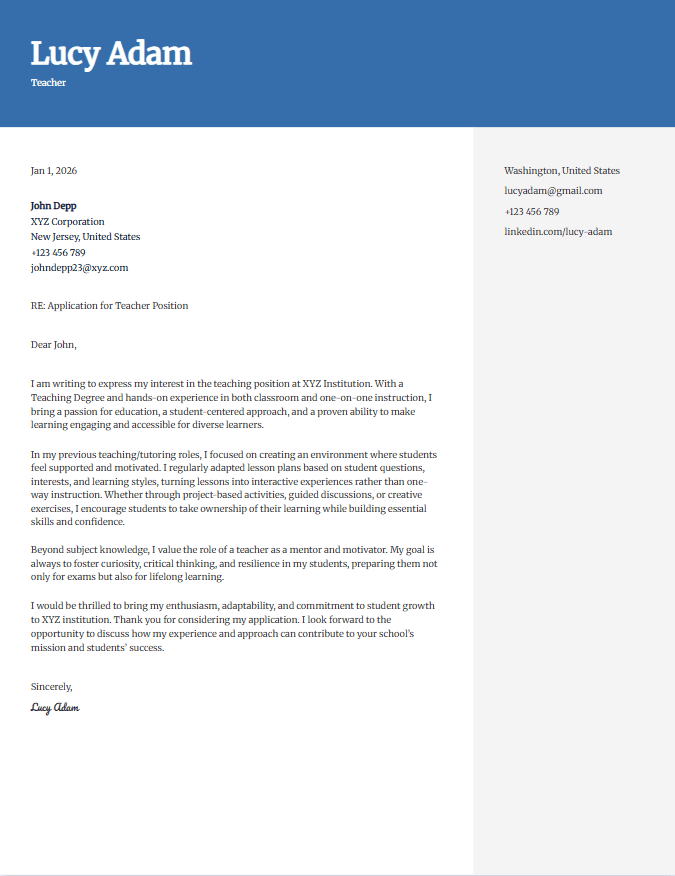Sample cover letter for teacher/educator