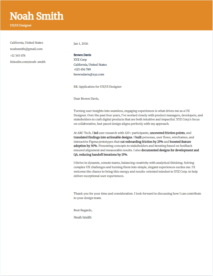Cover letter example for UX/UI designer